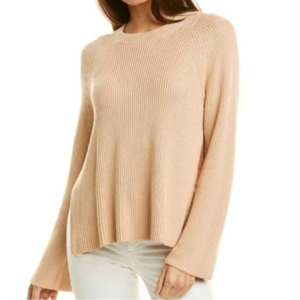 Lafayette 148 Cream Ribbed Cotton-Silk Blend Knit Crewneck Vented Sweater Sz S